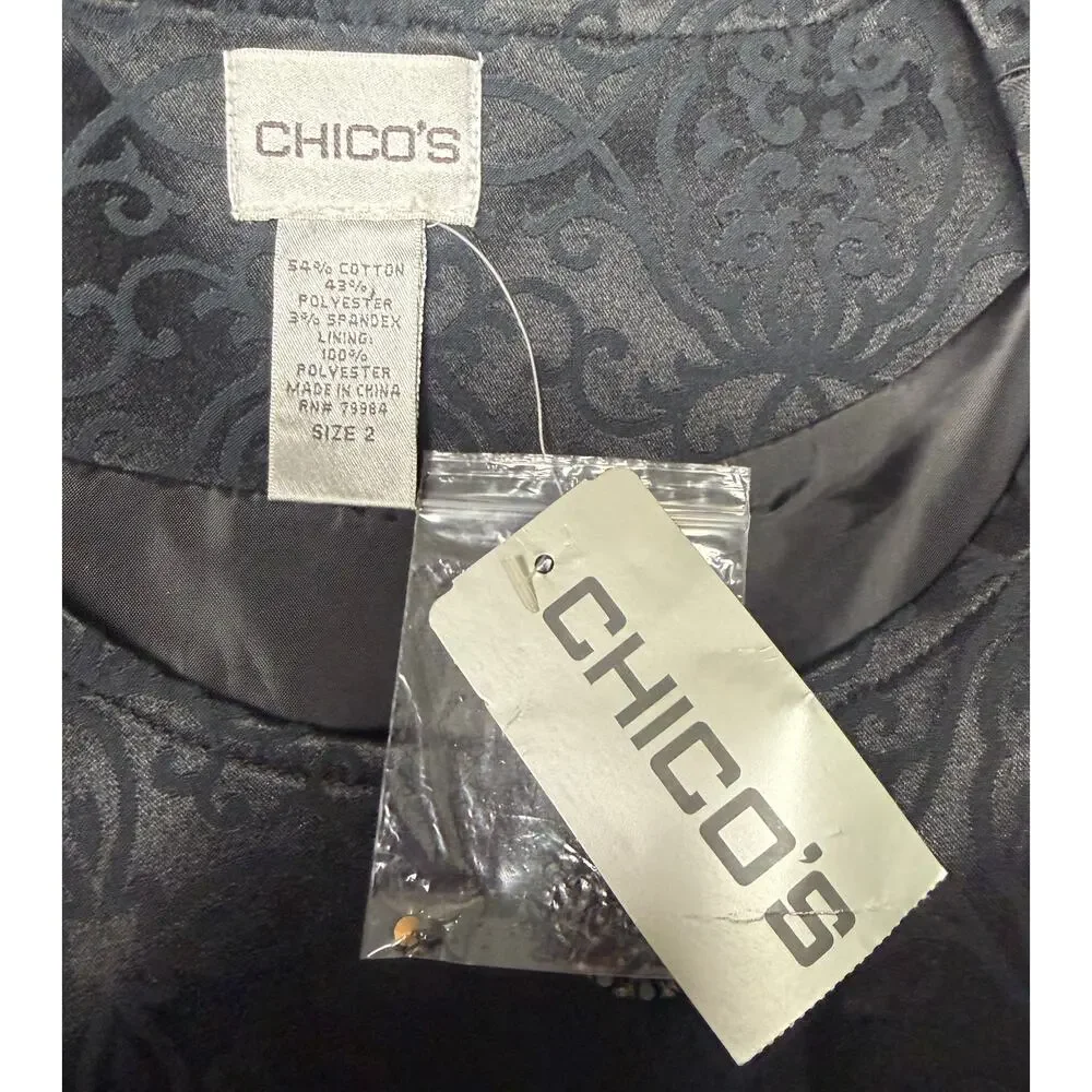 Chico’s Allaro 7/8 Sleeve Jacket Womens Size 2 Black Scroll Pattern Button New - Picture 8 of 11